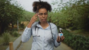 Steteskoplu kadın doktor parkta ilaç şişesi tutarken tapınağı işaret ediyor; tıbbi ikilem endişesi.