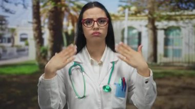 Doktor, dışarıda sıcak bir günde, elinde steteskopla tıbbi üniformalı genç bir kadının mücadelesini sergiliyor..