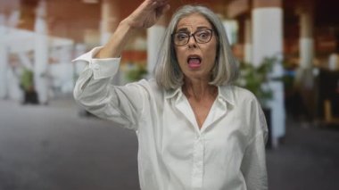 Gri saçlı ve gözlüklü kadın, beyaz gömlek ve açık ağız ifadesi ile havaalanı salonunda el ele uzanır; sürpriz.