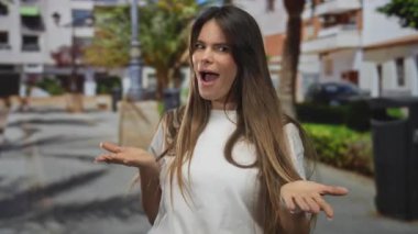 Güneşli bir günde yeşil ağaçların ve apartmanların arka planına sahip beyaz gömleğiyle parka oturmuş gülümseyen ve el kol hareketi yapan bir kadın..