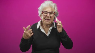 Gözlüklü ve siyah kazaklı yaşlı kadın akıllı telefonu kulağına tutuyor ve stüdyoda kırmızı tırnakları ve yüzükleri gösteren parmakları gösteriyor..