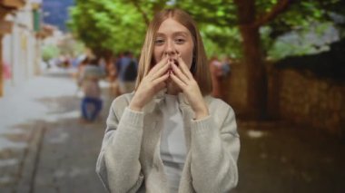 Şehir dışında ağaçlarla ve bulanık insanlarla gülümseyen, bej ceket giyen ve mutluluğunu ifade eden bir kadın..
