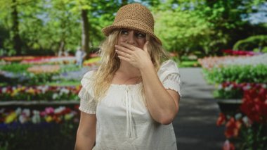 Çiçekler ve ağaçlarla dolu bir orman yolunda dikilirken el ele tutuşan ve ağzını kapatan kadın, düşünceli bir yansıma..