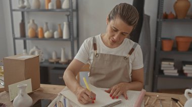 Kadın kağıt üzerine kalem ve el ile çizimler yapar. Stüdyoda çömlek aletleri ve seramik vazolar arasında çalışır. Yaratıcı konsantrasyon..