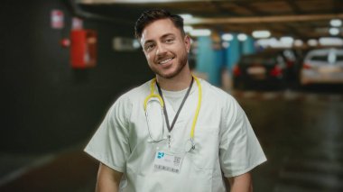 Sakallı ve steteskoplu genç bir adam, otoparkta duruyor, beyaz bir ceket giyiyor, arka planda arabaları olan sıradan bir iç mekan ortamında bir doktoru temsil ediyor..