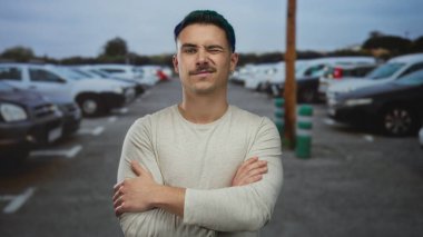 Açık hava otoparkında arka planda bulutlu bir gökyüzünün altında güvenle duran Latin asıllı genç adam..