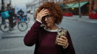 Orta yaşlı İspanyol bir kadın, elinde dolarla dolu temiz bir şişeyle bir caddede Birleşik Devletler 'deki kalabalık şehir manzarasının ortasında endişeli bir şekilde dikiliyor..