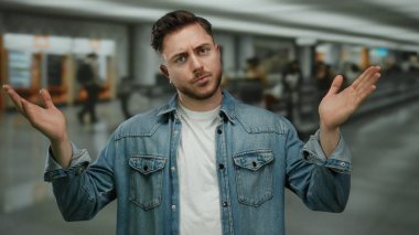 Sakallı genç bir adam havaalanı terminalinde, parlak ışıkların altında satış makineleri ve arka planda pürüzsüz gri döşeme ile seyahat etmeyi öneriyor..