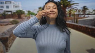 Sessizlik için parmaklar dudaklara ve kaldırılmış işaret parmağı palmiye ağaçları ve taş duvarlar; şakacı gizlilik.