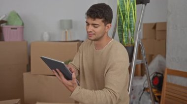 Adam tableti evde sabit tutarken teftiş eder. Kucağında destek yastığı, paketleri açarken ve kutuları taşırken tıkırdar..