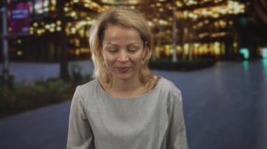 Sarışın kadın, gece sokakta parlayan şehir ışıkları arasında seyirciyi işaret ediyor; suçlama.