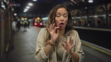 Genç İspanyol kadın, tren istasyonunun içindeki kalabalık platformda kötü koku için burnunu sıkar..
