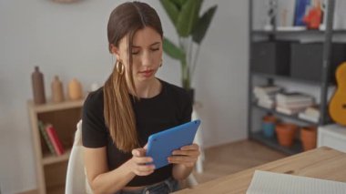 Kadın, ev stüdyodaki ahşap bir masada otururken mavi tableti parmaklarıyla tıklatıyor; dingin konsantrasyon.