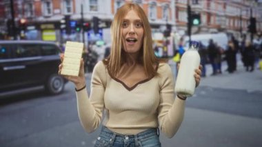 Süt şişesi ve beyaz çikolata tutan kadın, kalabalık bir sokakta açık bir gülümseme sunar; neşe şımarıklığı.