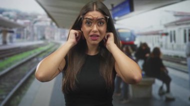 Gülümseyen kadın gözlüğü elleri, uzun koyu renk saçları ve siyah tişörtü bir binanın içindeki istasyon platformunda ayarlar; güven seyahatine hazırlık.
