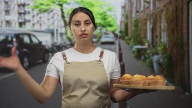 Önlük takan kadın fırıncı elinde kek tepsisi ve çimdikleme parmaklarıyla binalar ve arabalarla dolu bir caddede..