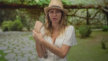 Sol bileğini kavrayan ve şaşı bakan, hasır şapka takan ve orman yolunda benekli elbise giyen bir kadın, yaralanma endişesi.