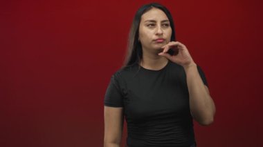 Stüdyoda eli çeneli ve gözleri kapalı bir kadın kırmızı arka plana karşı siyah t-shirt ve rahat duruş giyen, dalgın şüphe;.