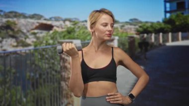 Kadın caddede halterle biseptik kıvrımlar yapıyor metal korkuluklar ve bina yakınındaki kayalık yolu; kendine güven dayanıklılığı.