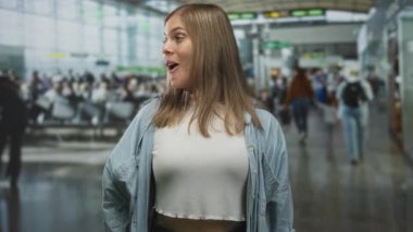 Havaalanı terminalinde ağzı açık genç sarışın kadın jesti; seyahat heyecanı beklentisi.