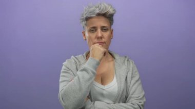 Stüdyoda elleri çenesinde gri kapüşonlu, kısa saçlı, beyaz bir kadın..