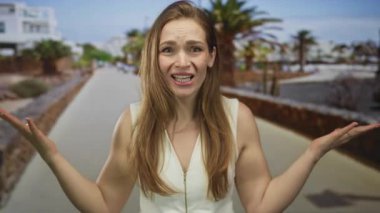 Çıplak kollu bir kadın, mavi gökyüzünün altında palmiye ağaçlarıyla kaplı güneşli şehir caddesinde avuç içi kaldırır..