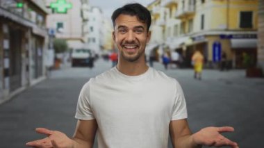 Beyaz tişörtlü, neşeli bir şekilde gülümseyen İspanyol genç adam şehir caddesinde bulanık binalar ve arka planda yaşayan insanlarla birlikte canlı bir şehir atmosferi yaratıyor.