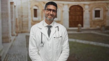 Adam doktor gülümsüyor ve steteskopla eski kasabadaki avluda duruyor. Güvenilir profesyonellik.