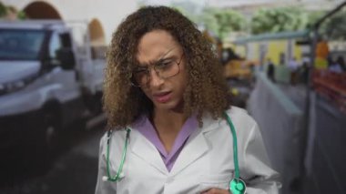 Latin kadın doktor, sokakta beyaz minibüs ve turuncu bariyer yanında yeşil steteskopla kaşlarını çatıyor..