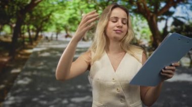 Yeşil bir parkta, orman yolunda elinde bir pano tutan kadın, dokümanları okuyor ve aşağı bakıyor; dinginlik sakin odak.