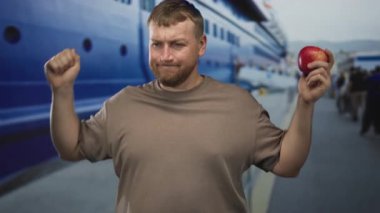 İnsan sağ elinde kırmızı elma tutar ve rıhtım ve yolcu gemisi rıhtımı yakınındaki bir sokakta sol eliyle tapınağa dokunur; sessiz tefekkür.