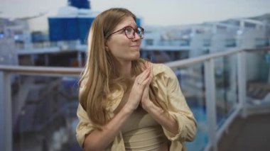 Bej bluzlu genç sarışın kadın açık denize bakan bir yolcu güvertesinde ellerini göğsüne kenetledi..