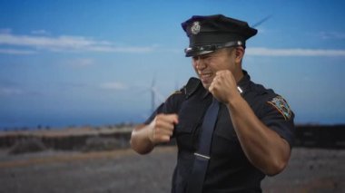 Üniformalı genç Çinli polis, açık mavi gökyüzü altında bir yel değirmeni binasının yanında sıkılmış yumruklarını kaldırıyor; kararlılık.