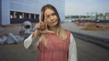 İnşaat alanında neşeli bir ifadeyle zavallı bir jest yapan kadın, çalışma ortamında gün ışığında yakalanan eğlenceli ya da mizahi bir bağlam öneriyor..