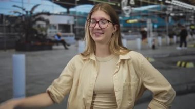 Sarışın kadın gülümsüyor ve havaalanı terminalindeki kamerayı işaret ediyor; güven daveti bağlantısı.