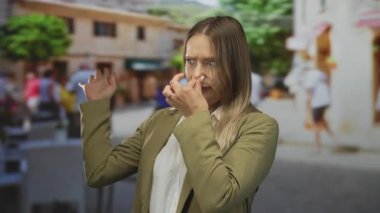 Şehir terasında genç bir kadın kötü kokuya karşı burun çimdiklerken insanlar arka planda bulanıklaşırken yeşil ceketli, kentsel ortam ve olumsuz deneyimi öneriyor..