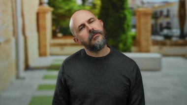 Sakallı, beyaz bir adam şehir merkezinde bir sokakta boyun ağrısı çekiyor, dışarıda rahatsızlığını dile getiriyor..