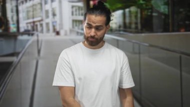 Adam şehir caddesinde cam bina, görünür el hareketi ve yüz ifadesini işaret ediyor..