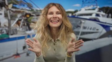 Yat teknesinin yanında el çırpan bir kadın sarışın genç bir gülümseme beliriyor..