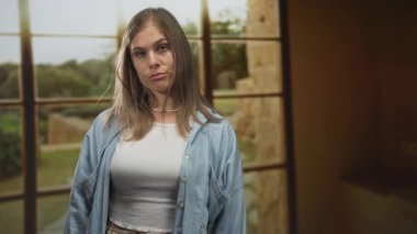 Genç sarışın kadın, büyük pencereli ve taş duvarlı boş bir odanın içindeki tapınağı işaret ediyor. Hayal kırıklığı ironisi..