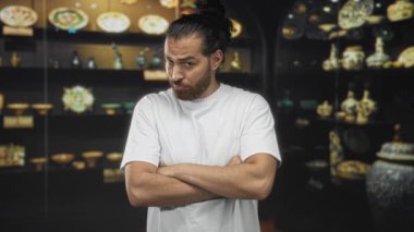 Kolları çapraz olan bir adam müze galerisinde kollarını beyaz tişört ve sakal giyerken gösteriyor; şüphecilik şüphesi.