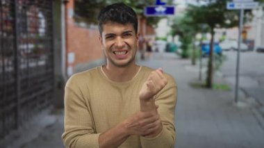 Kırık bilekli bir adam kalabalık bir sokakta kolunu tutarken dışarıdaki Latin kökenli genç adam bilek sakatlığından muzdarip..