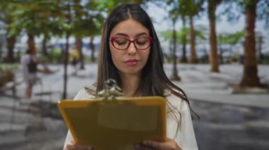 Sokakta ağaçlarla çevrili panoya yazı yazan gözlüklü genç bir kadın, şehir ortamını işaret ediyor, görevine odaklanmış..