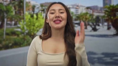 Latin kökenli genç bir kadın, güneşli bir şehir caddesinde dostça bir el sıkışma sunarak elini uzatıyor..