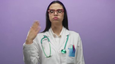 Steteskoplu İspanyol kadın doktor ellerini mor bir duvarın önünde serinletir, gözlük takar ve beyaz üniforma giyer..