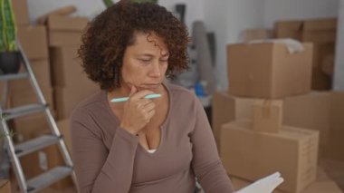 Kadın, yeni evdeki karton kutular arasında bir yığın kağıdı incelerken kalemden çeneye kadar tutuyor; endişe.