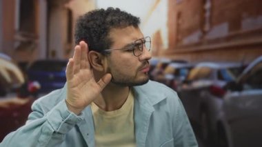 Kalabalık bir caddede dikkatle dinlerken gözlük takan İspanyol genç adam el ele tutuşuyor..