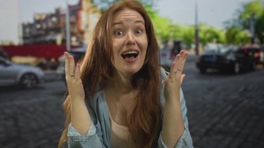 Avuçlarını kaldıran ve gün ışığında sokakta ağzını açan kadın, yanaklarından görünen çiller; şaşkınlık.