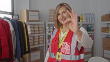 Gönüllü yelek giyen kadın elbise raflarının yanında ve raflarda el ele imza atıyor. Cömertlik onayı..