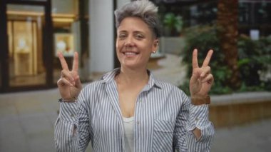 Kadın, şehir caddesinde modern binanın önünde bir barış işareti jestinde iki elini de tutuyor..